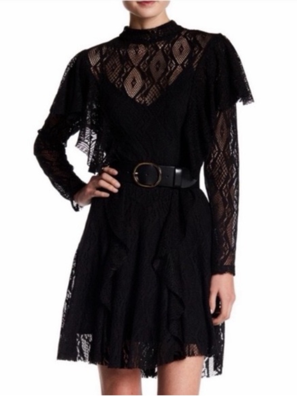 Free People Black Lace Ruffle Mini Dress with Slip XS